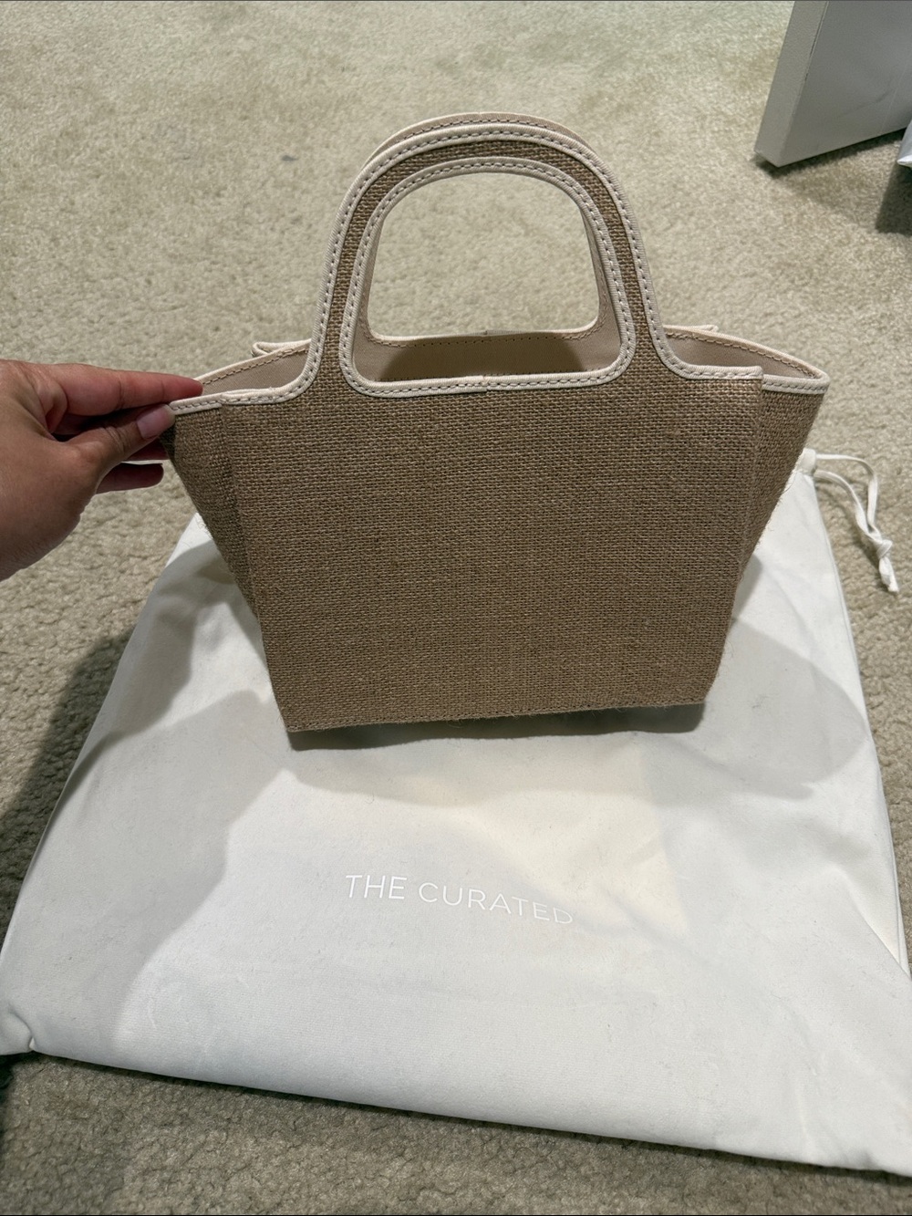 Beige Straw Bag with Cream Trim w/ top handle